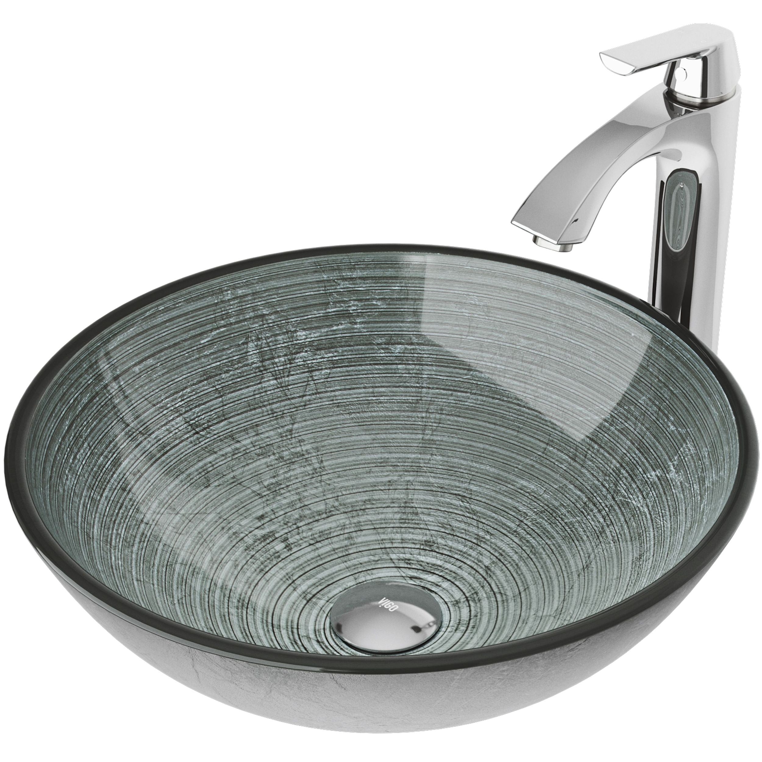 VIGO Glass Simply Silver Bathroom Sink/Basin Set with Linus Faucet and Round Vessel