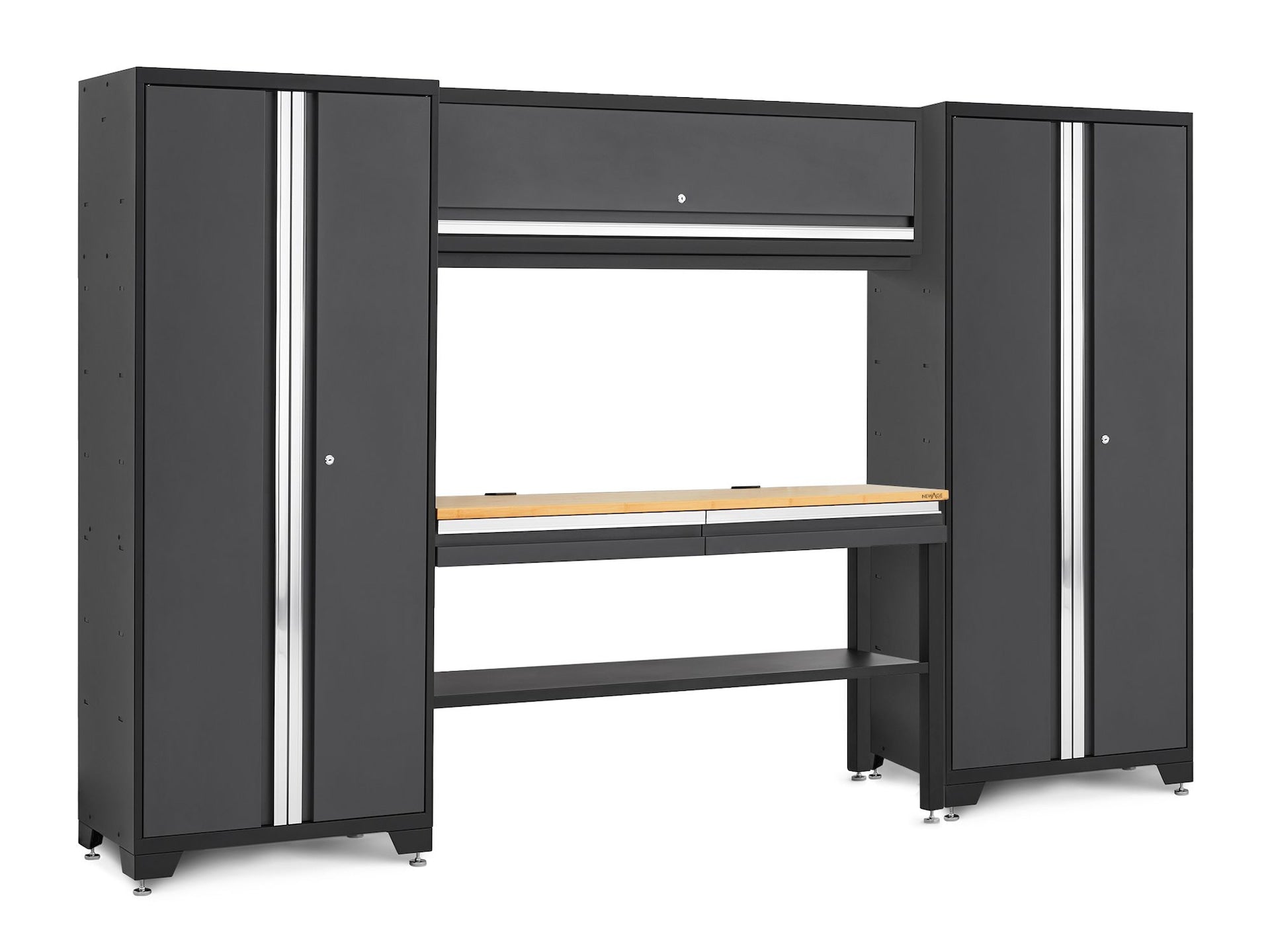 NewAge Bold 3.0 Series Lockable Steel Garage Cabinetry Set with Bamboo Top, Grey, 120-in x 18-in x 72-in, 5-pc