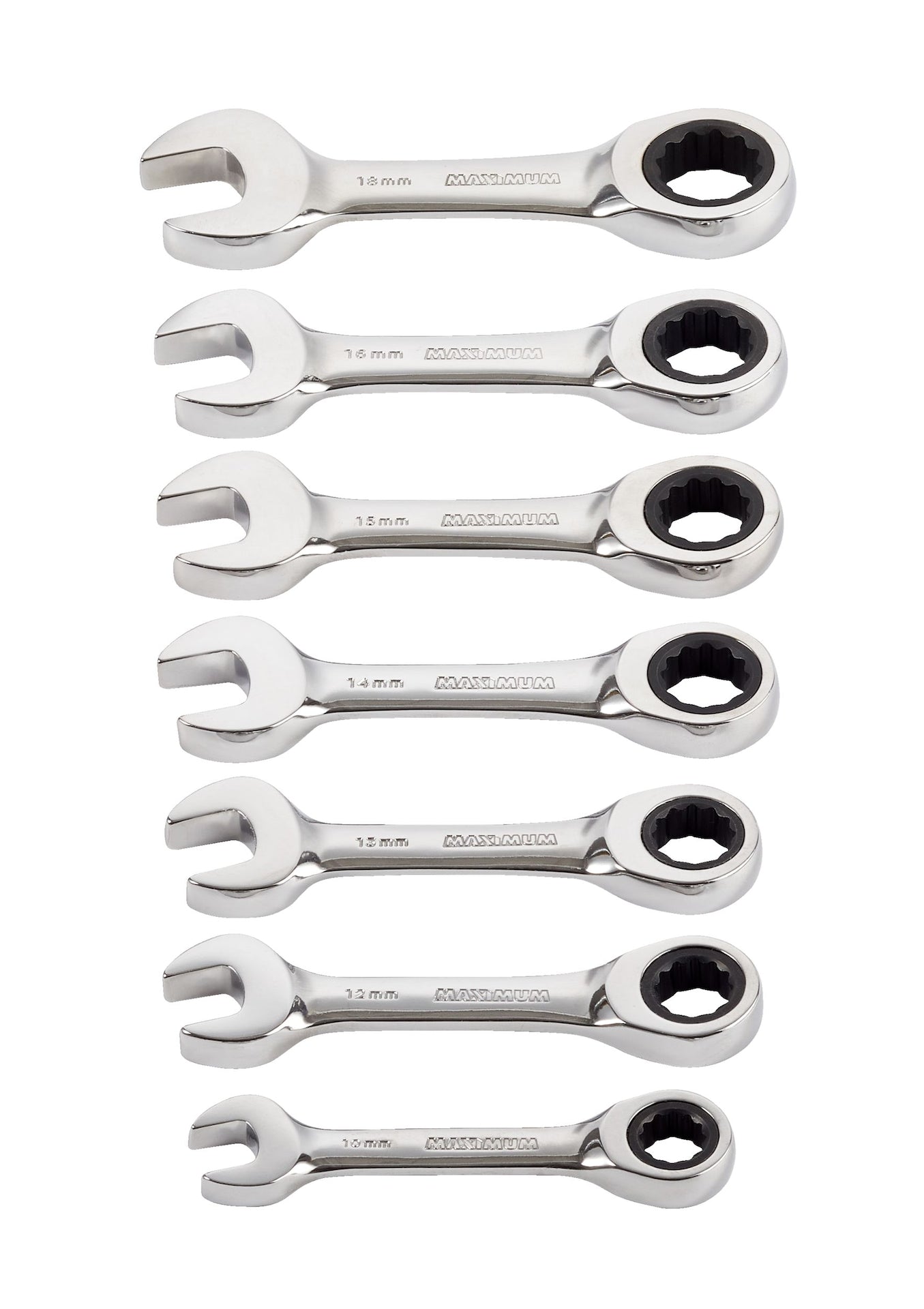 MAXIMUM Stubby Ratcheting Wrench Set, Metric, Nickel-Chrome Plating, 7-pc