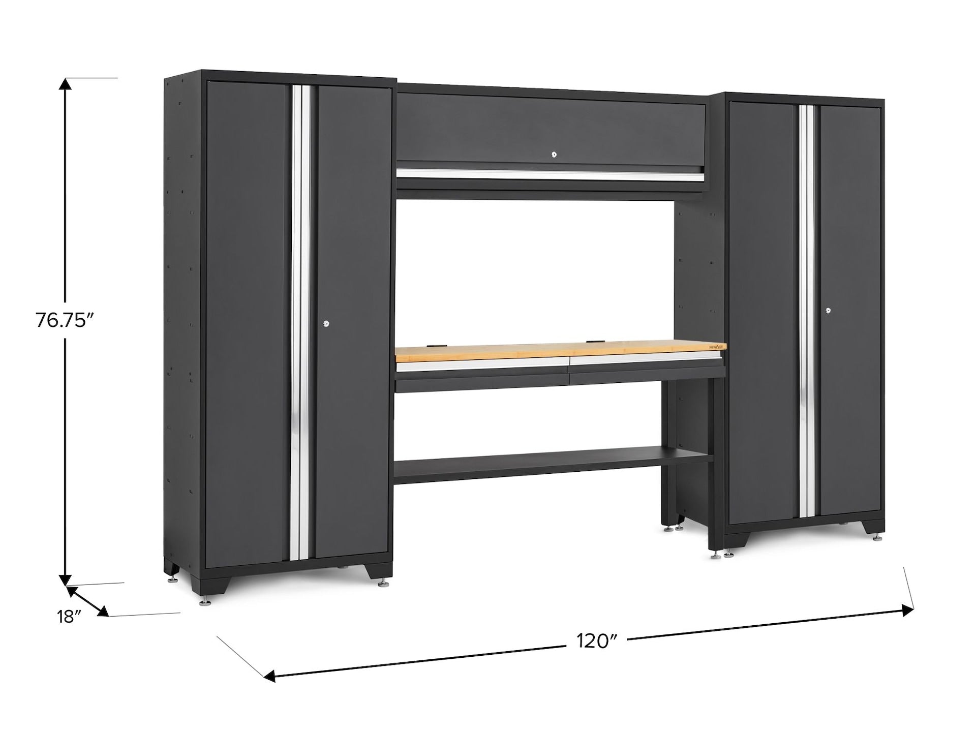 NewAge Bold 3.0 Series Lockable Steel Garage Cabinetry Set with Bamboo Top, Grey, 120-in x 18-in x 72-in, 5-pc