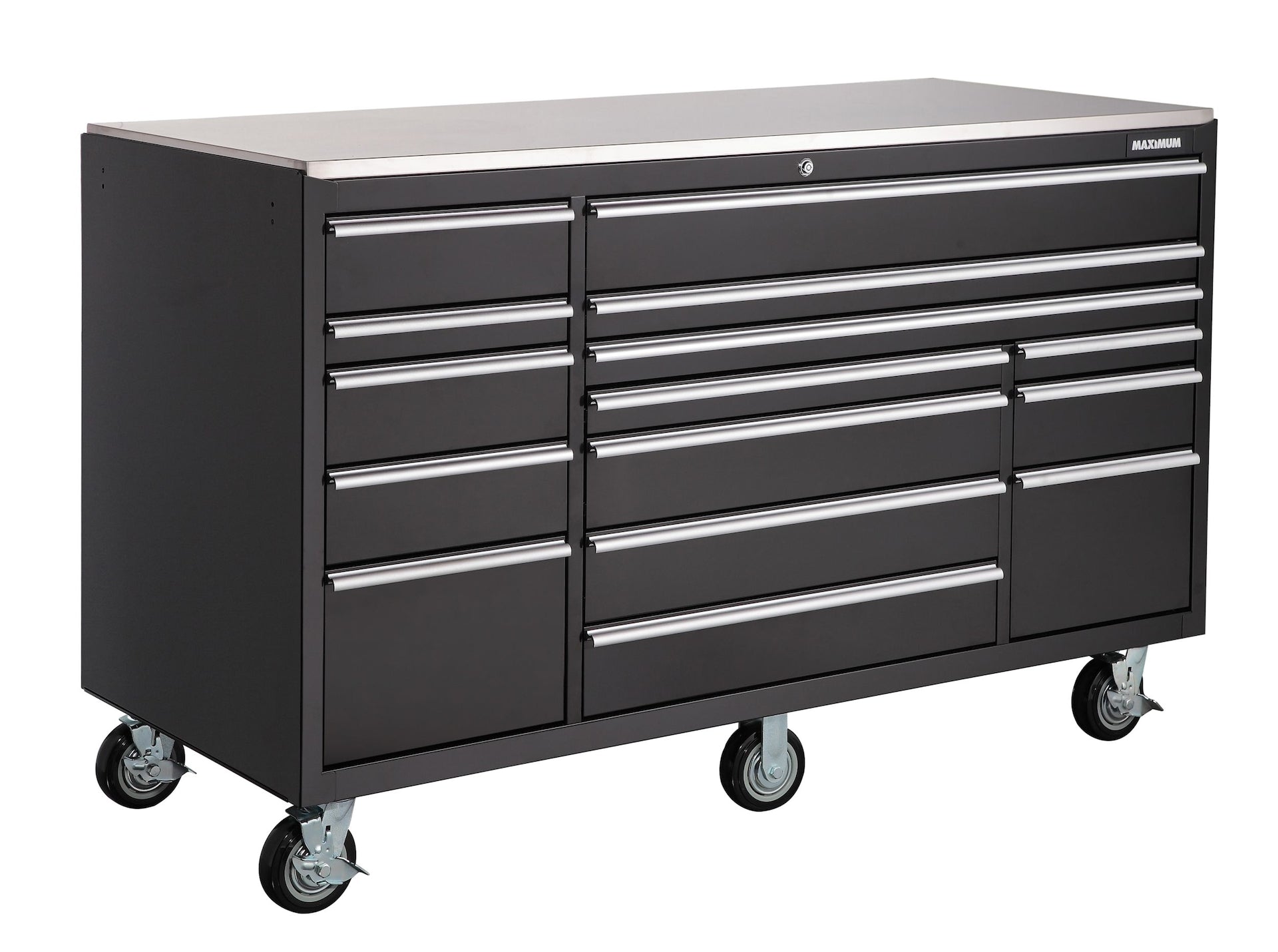 MAXIMUM Rolling Tools Storage Cabinet with 15 Drawers, Black, 72-in x 30-in