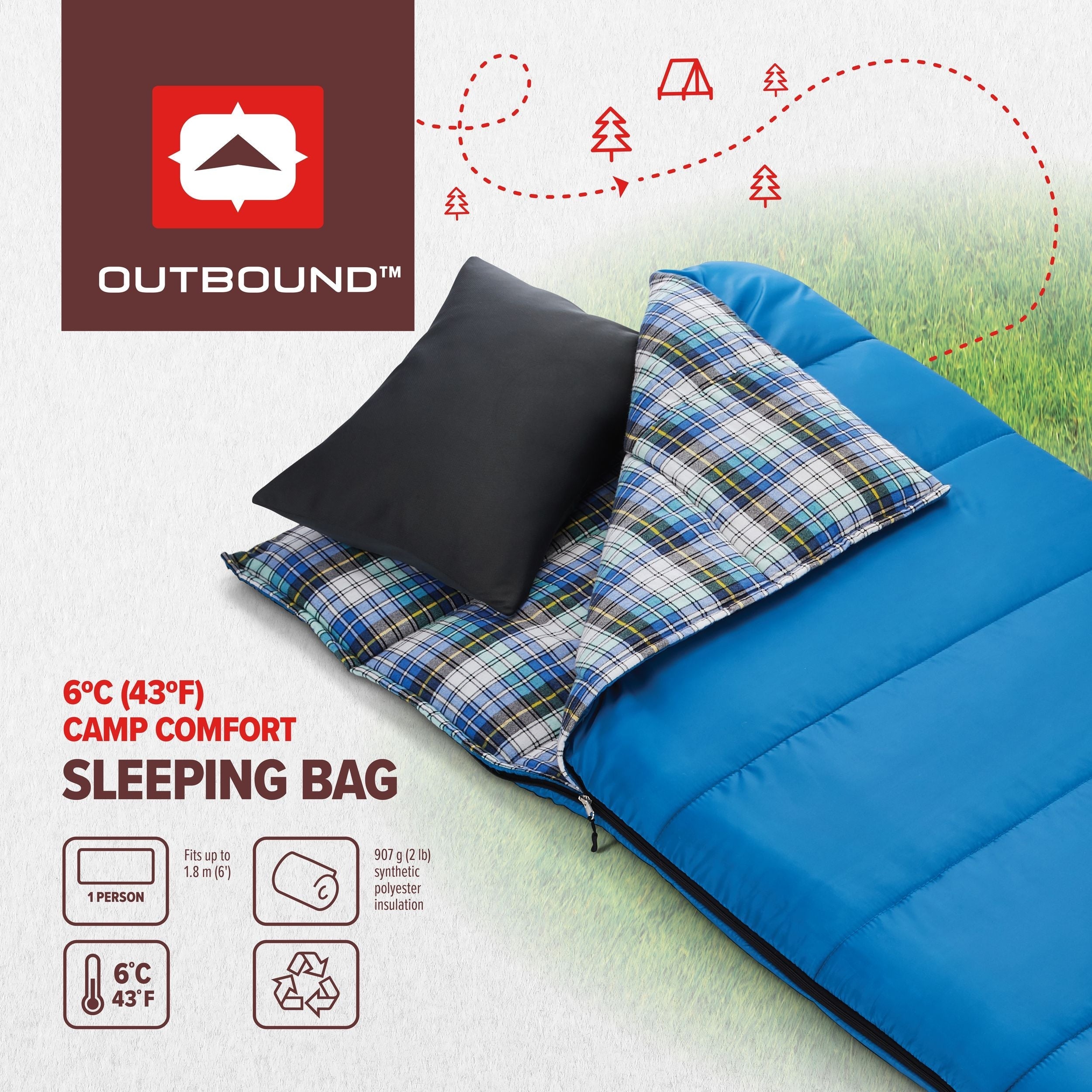 Outbound Comfort 5°C Insulated Cotton Lined Mild Weather Sleeping Bag with Compression Sack, Blue