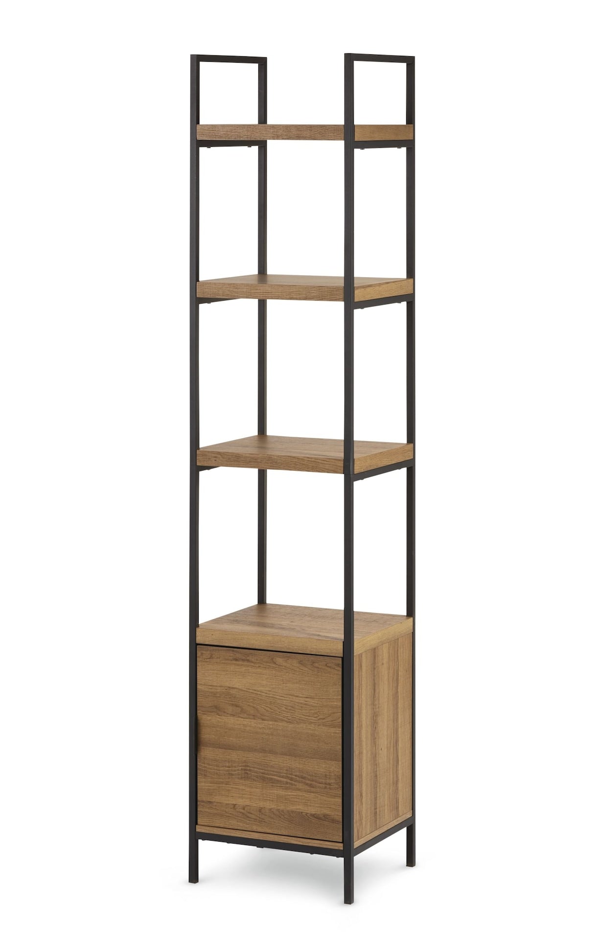 CANVAS Robson 4-Tier Metal Frame Narrow Bookcase With Storage Door, Oak Finish