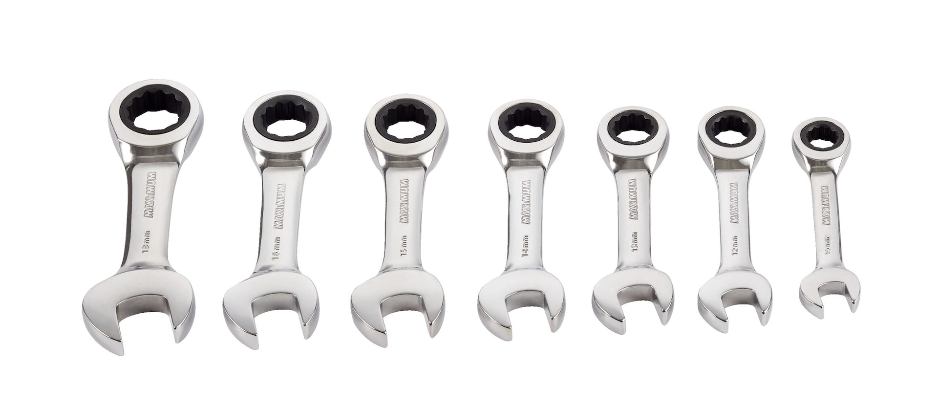MAXIMUM Stubby Ratcheting Wrench Set, Metric, Nickel-Chrome Plating, 7-pc